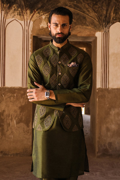 GREEN EMBOIDERED WAIST COAT WITH HAND WORK- WC-306