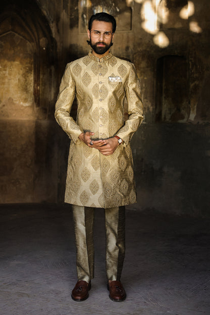 GOLDEN EMBOIDERED SHERWANI WITH HAND WORK GSW-112