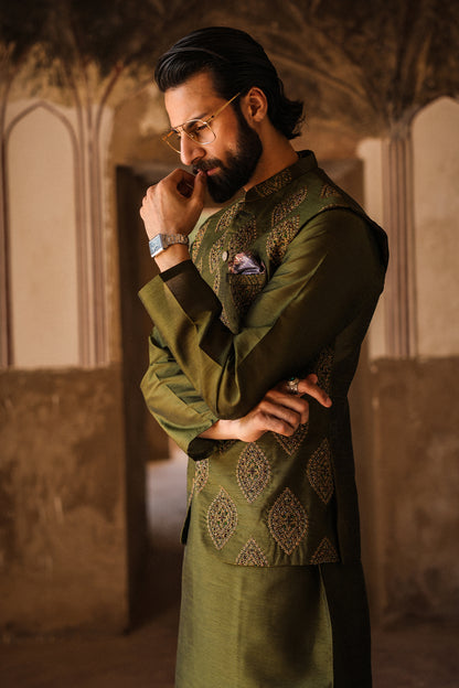 GREEN EMBOIDERED WAIST COAT WITH HAND WORK- WC-306