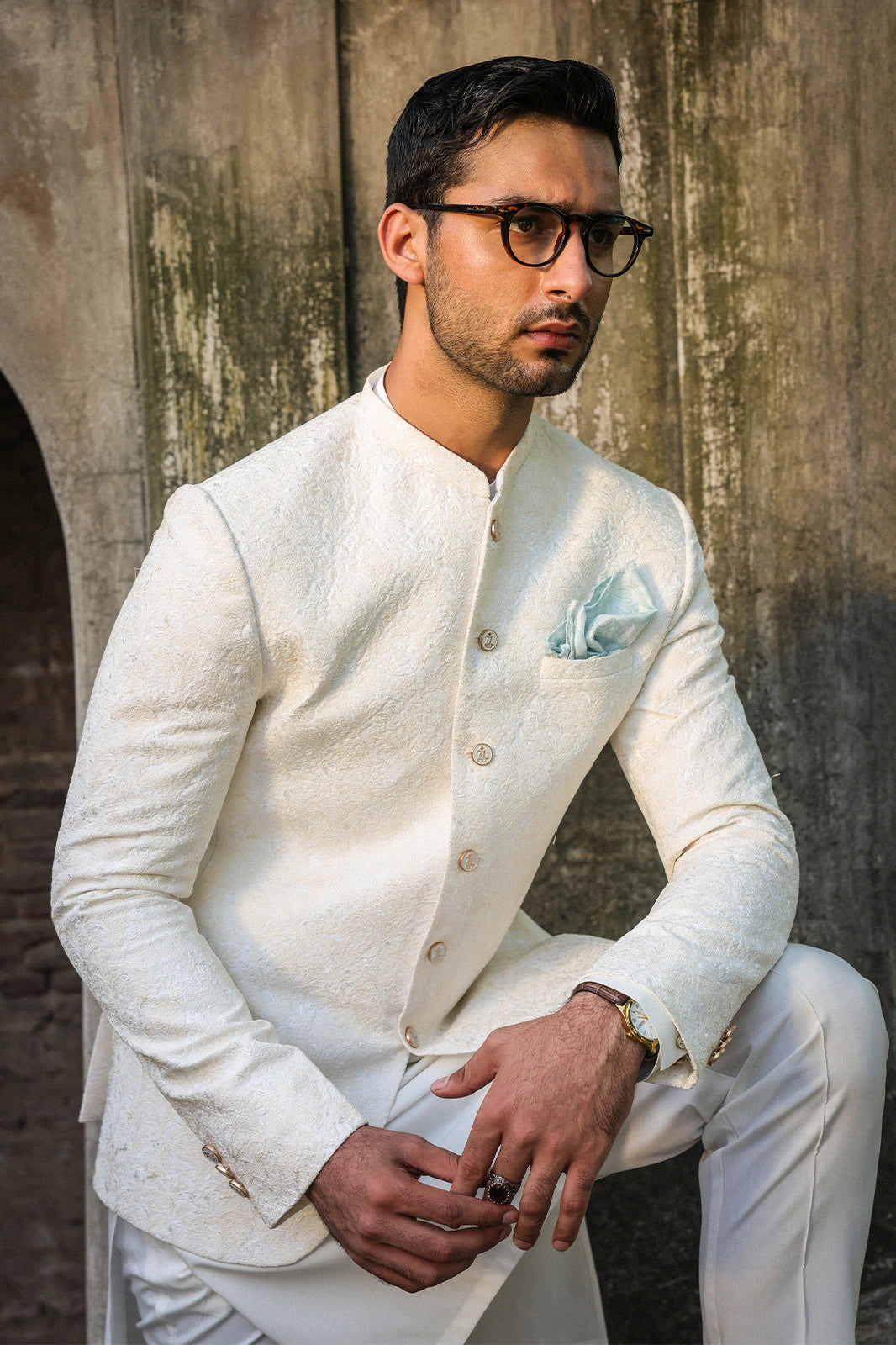 Off White Self-Embroidered Prince Coat for Men