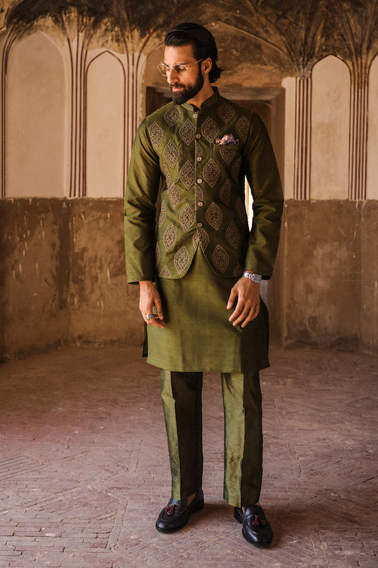 GREEN EMBOIDERED WAIST COAT WITH HAND WORK- WC-306