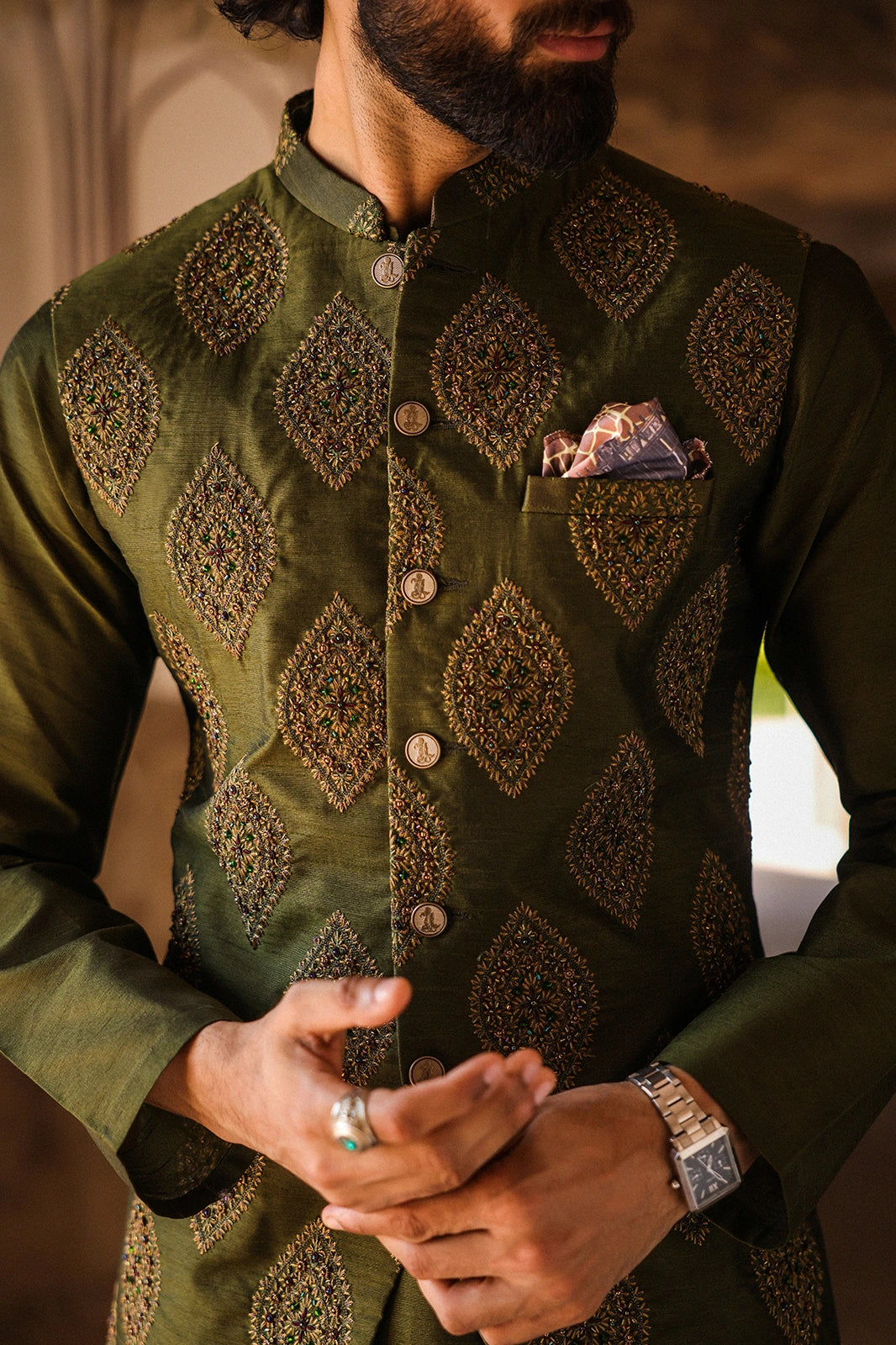 Green Embroidered Mens Waistcoat