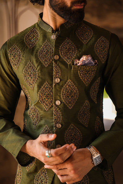 GREEN EMBOIDERED WAIST COAT WITH HAND WORK- WC-306