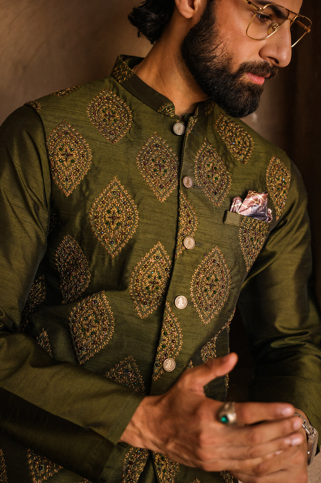 GREEN EMBOIDERED WAIST COAT WITH HAND WORK- WC-306