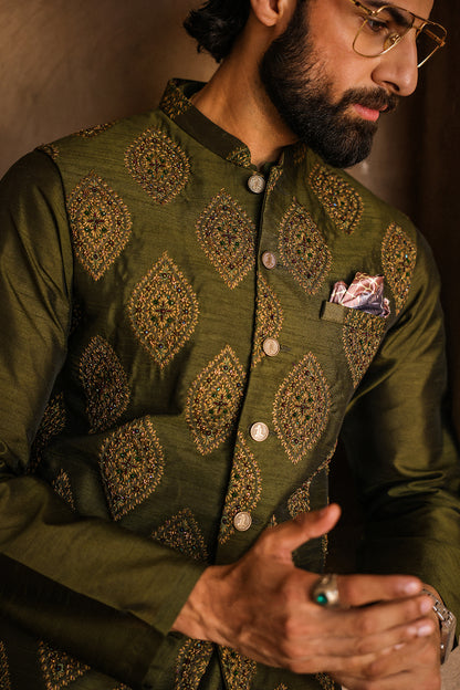 GREEN EMBOIDERED WAIST COAT WITH HAND WORK- WC-306
