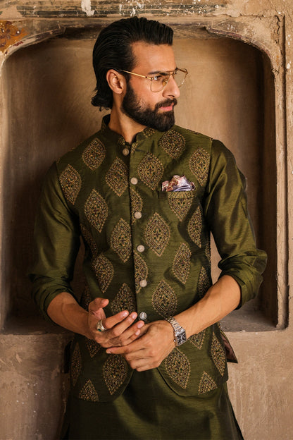 Green Embroidered Mens Waistcoat