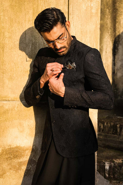 BLACK SELF EMBROIDRED PRINCE COAT -PC-113