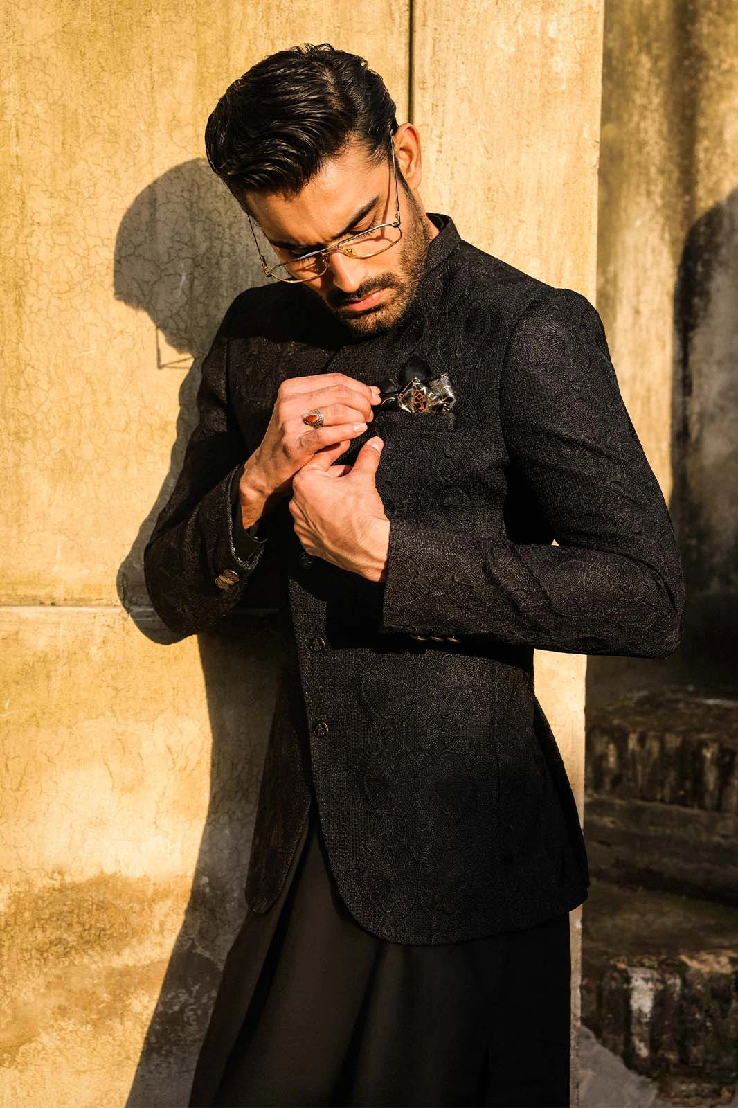 Black Self-Embroidered Mens Prince Coat