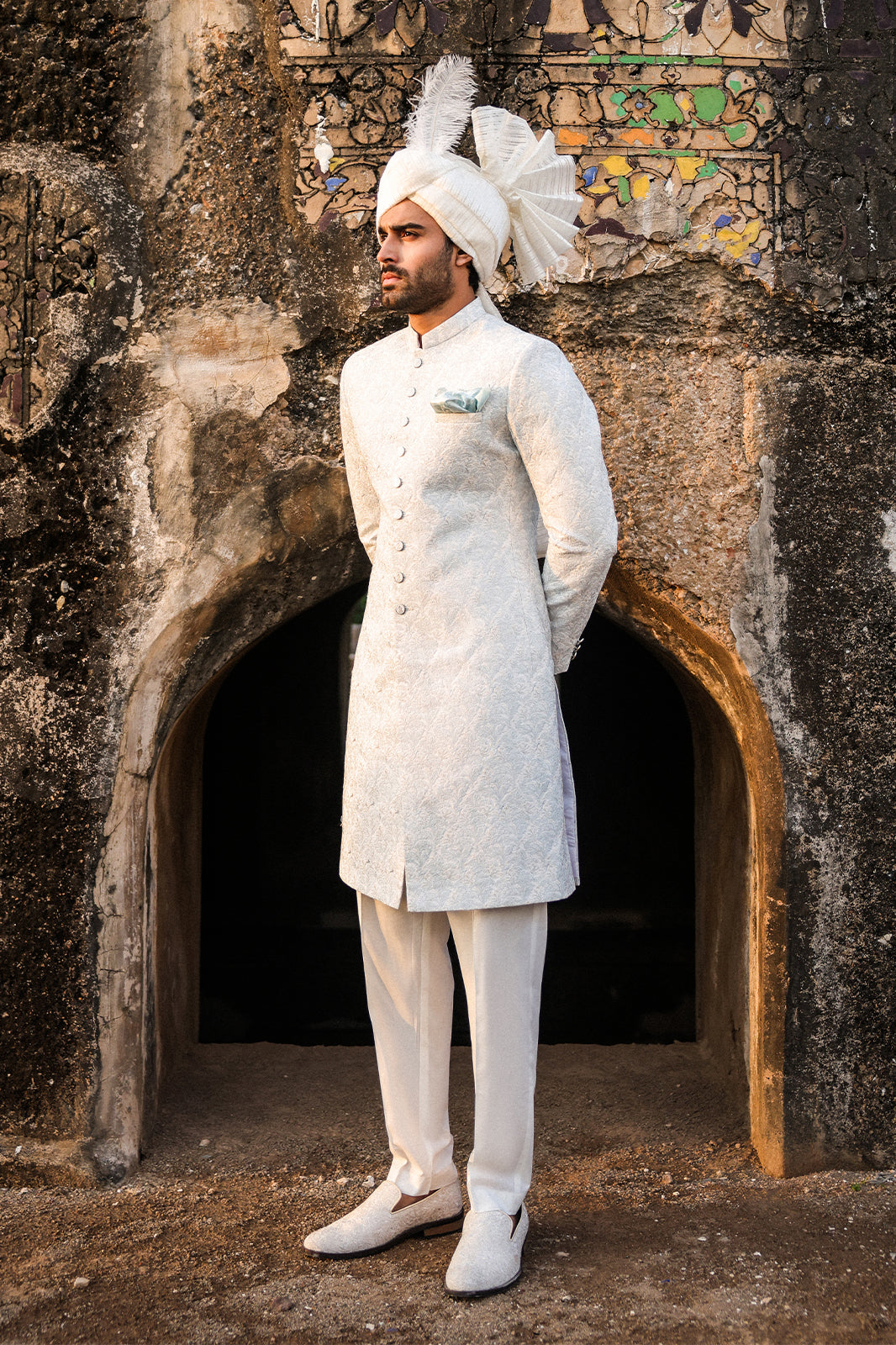 ICE BLUE WITH OFFWHITE EMBROIDRED SHERWANI GSW-114