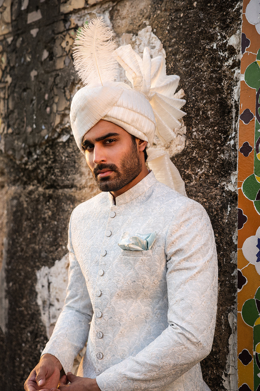 ICE BLUE WITH OFFWHITE EMBROIDRED SHERWANI GSW-114