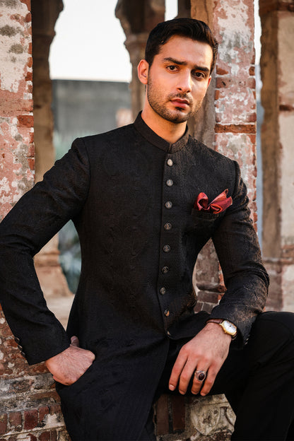 BLACK SELF EMBROIDRED SHERWANI GSW-111