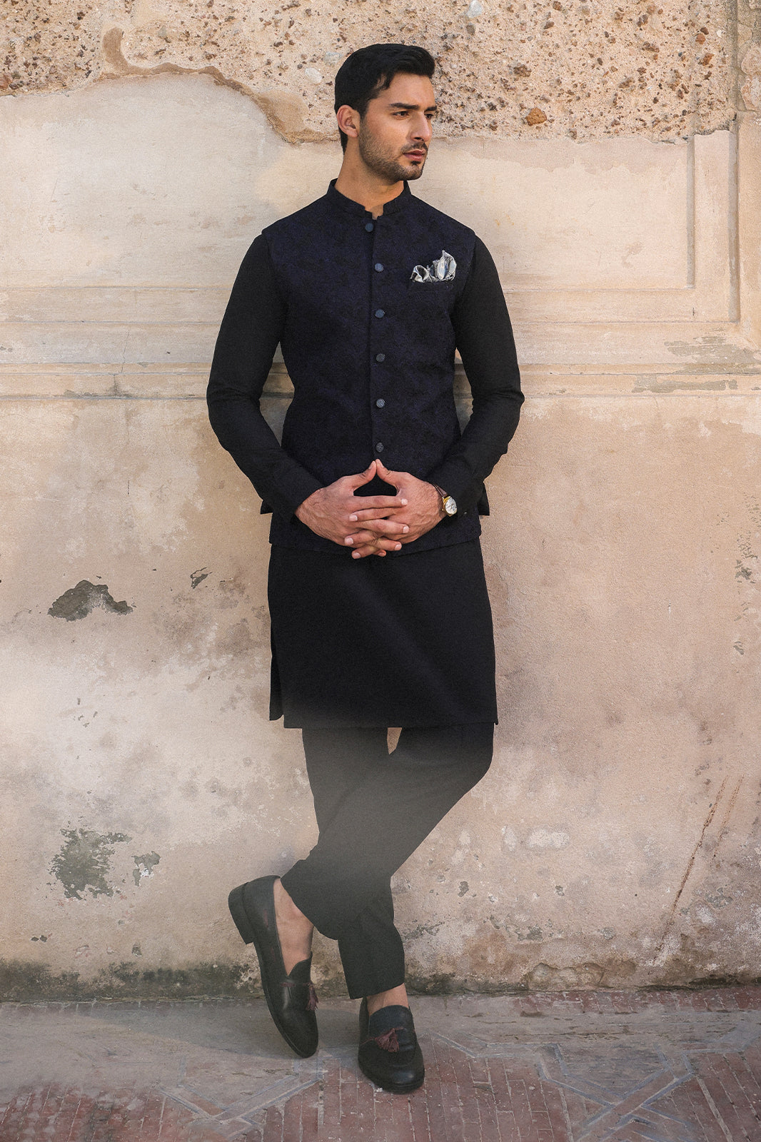 BLACK WITH BLUE EMBROIDRED WAIST COAT - WC-311