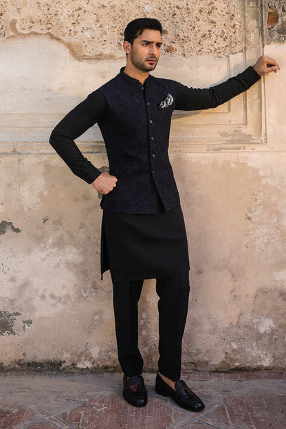 BLACK WITH BLUE EMBROIDRED WAIST COAT - WC-311