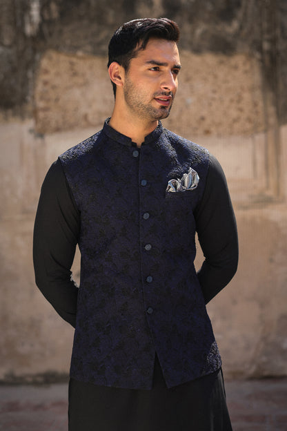 BLACK WITH BLUE EMBROIDRED WAIST COAT - WC-311