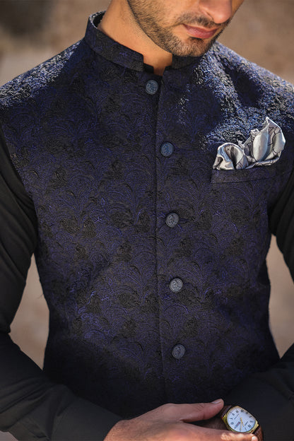 BLACK WITH BLUE EMBROIDRED WAIST COAT - WC-311