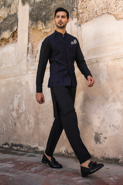 BLACK WITH BLUE EMBROIDRED WAIST COAT - WC-311