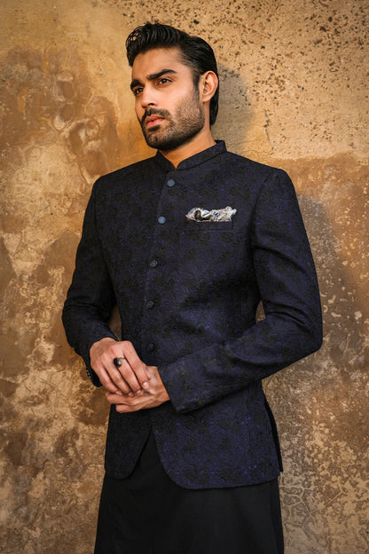Black & Blue Embroidered Prince Coat for Men