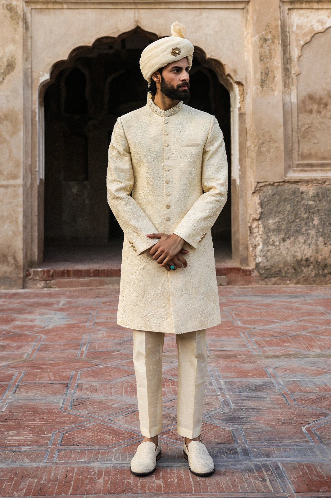 Cream Intricate Hand Embroidery Sherwani