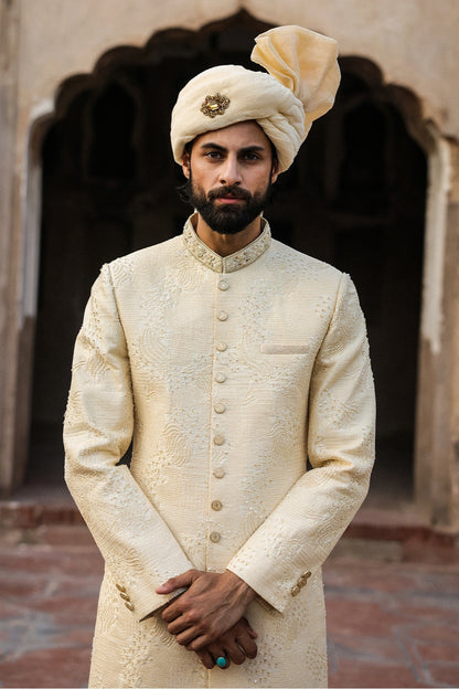 Cream Intricate Hand Embroidery Sherwani