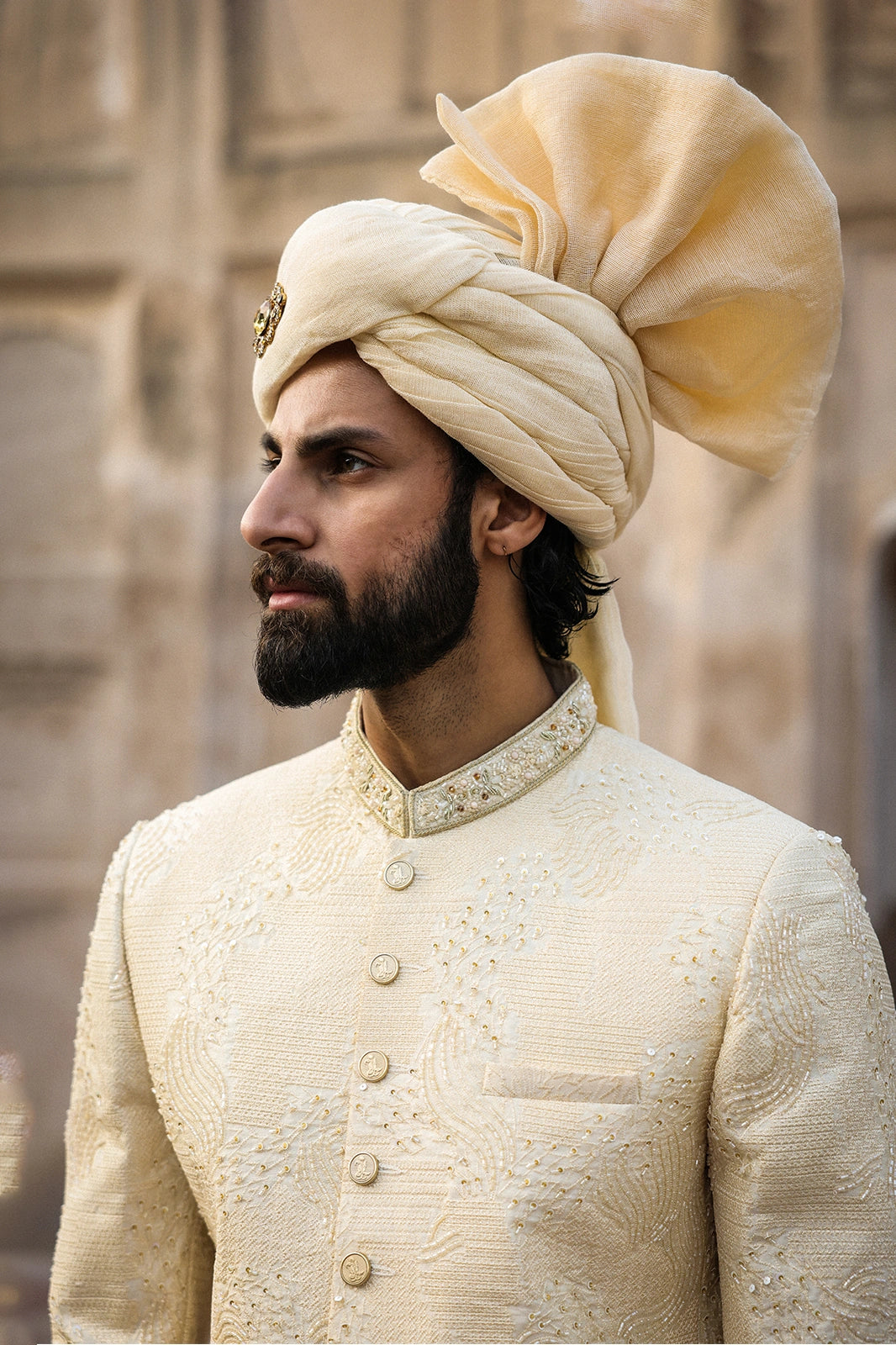 Cream Intricate Hand Embroidery Sherwani