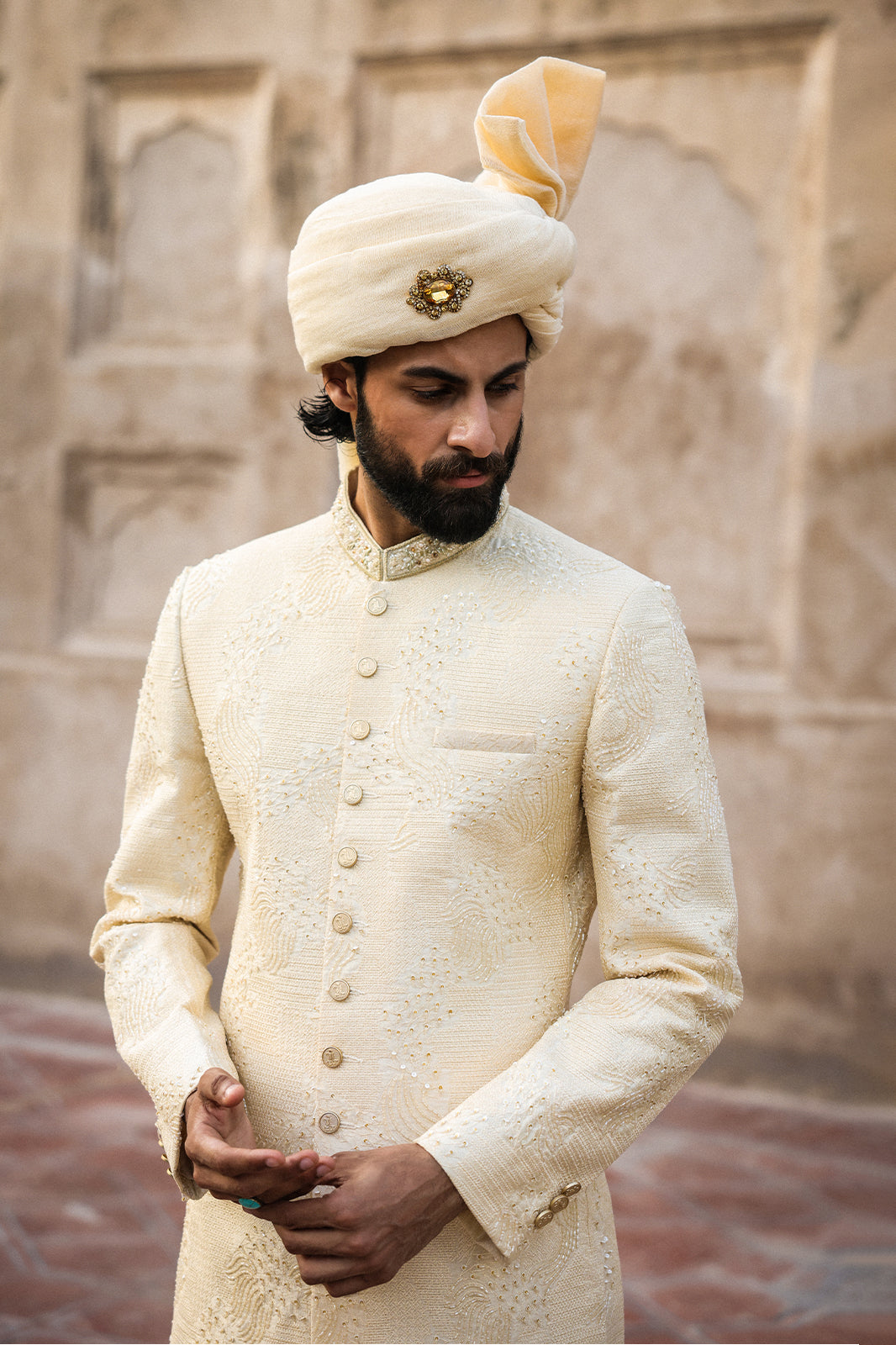 Cream Intricate Hand Embroidery Sherwani   - GSW - 109