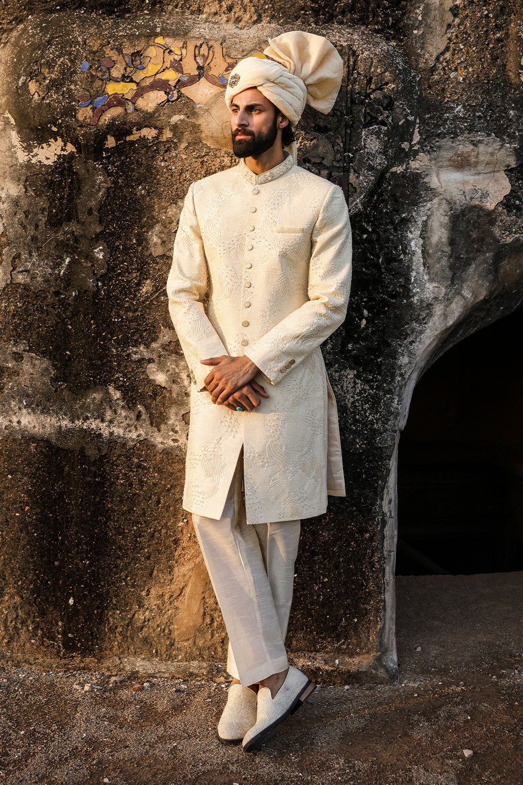 Cream Intricate Hand Embroidery Sherwani   - GSW - 109