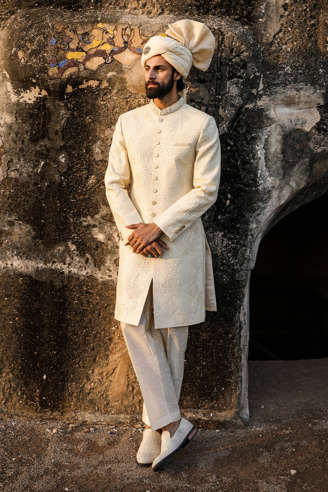 Cream Intricate Hand Embroidery Sherwani