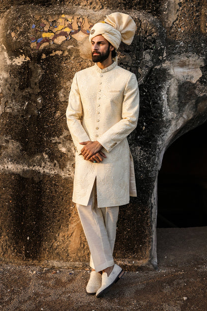 Cream Intricate Hand Embroidery Sherwani