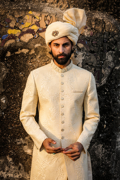 Cream Intricate Hand Embroidery Sherwani   - GSW - 109
