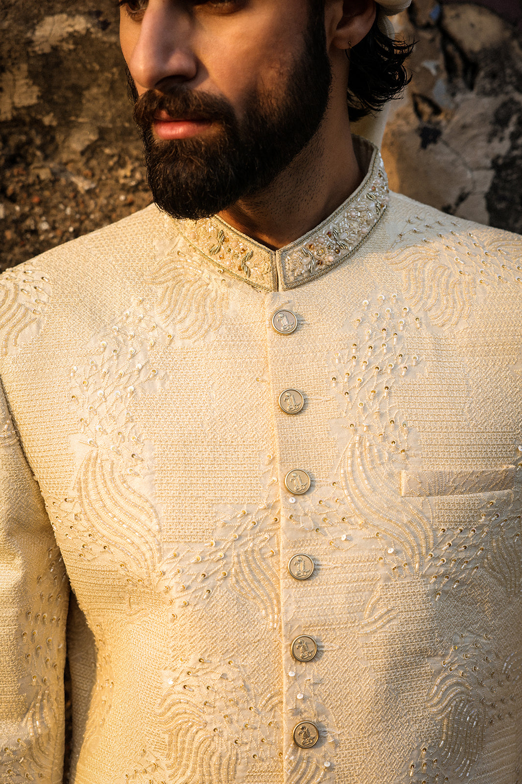 Cream Intricate Hand Embroidery Sherwani   - GSW - 109