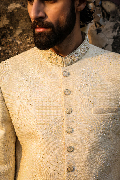 Cream Intricate Hand Embroidery Sherwani   - GSW - 109
