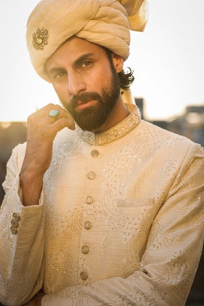 Cream Intricate Hand Embroidery Sherwani