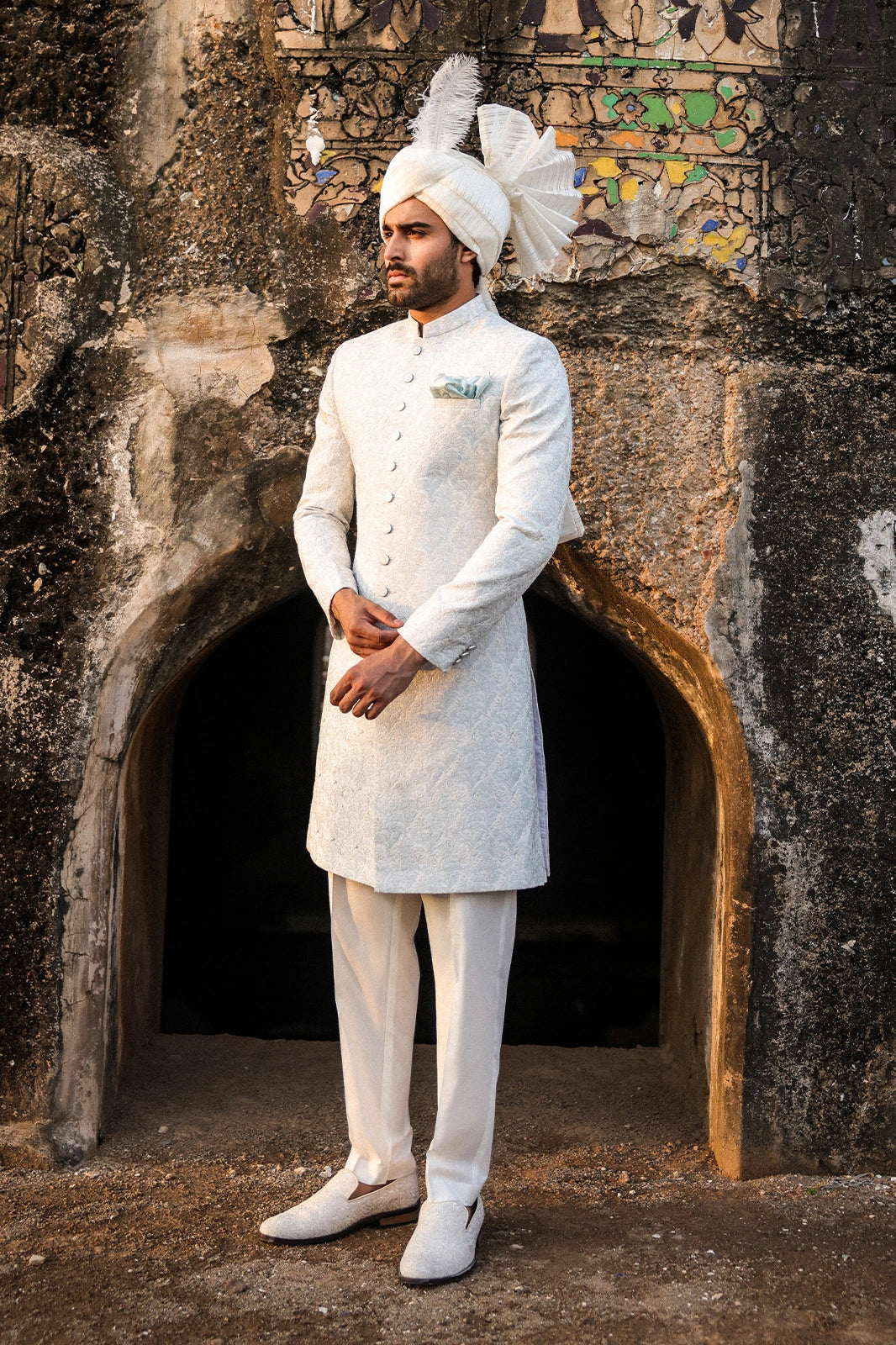 Ice Blue & Off-White Embroidered Sherwani for Men
