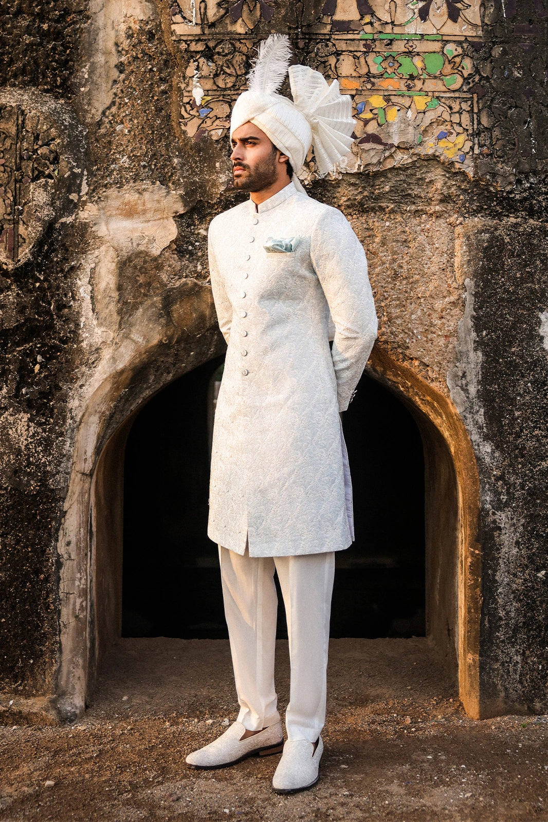 Ice Blue & Off-White Embroidered Sherwani for Men