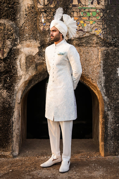 Ice Blue & Off-White Embroidered Sherwani for Men