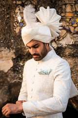 Ice Blue & Off-White Embroidered Sherwani for Men