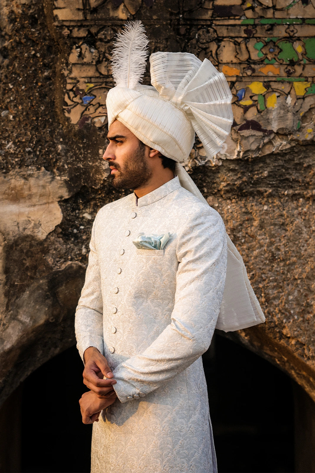 Ice Blue & Off-White Embroidered Sherwani for Men