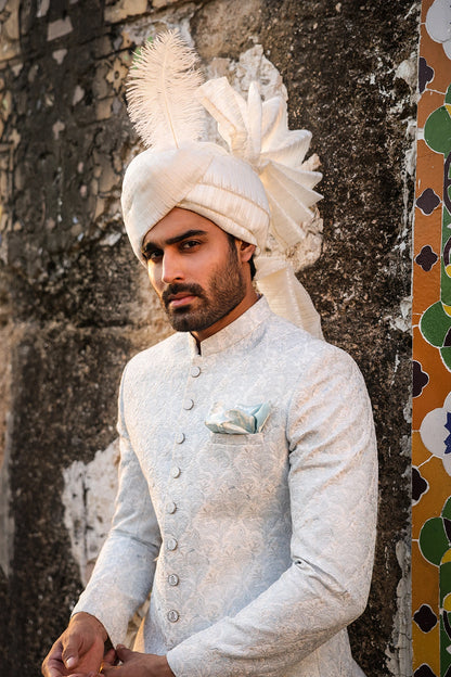 Ice Blue & Off-White Embroidered Sherwani for Men