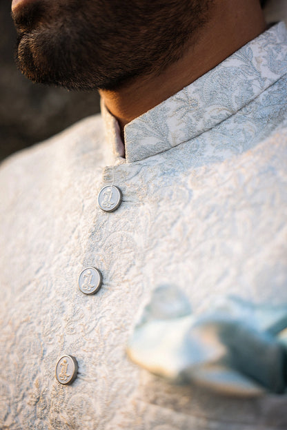 Ice Blue & Off-White Embroidered Sherwani for Men
