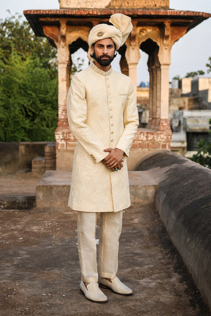 Cream Intricate Hand Embroidery Sherwani