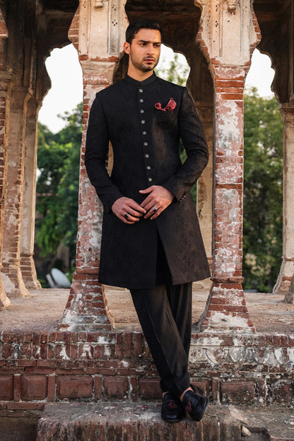 Black Self-Embroidered Sherwani for Men