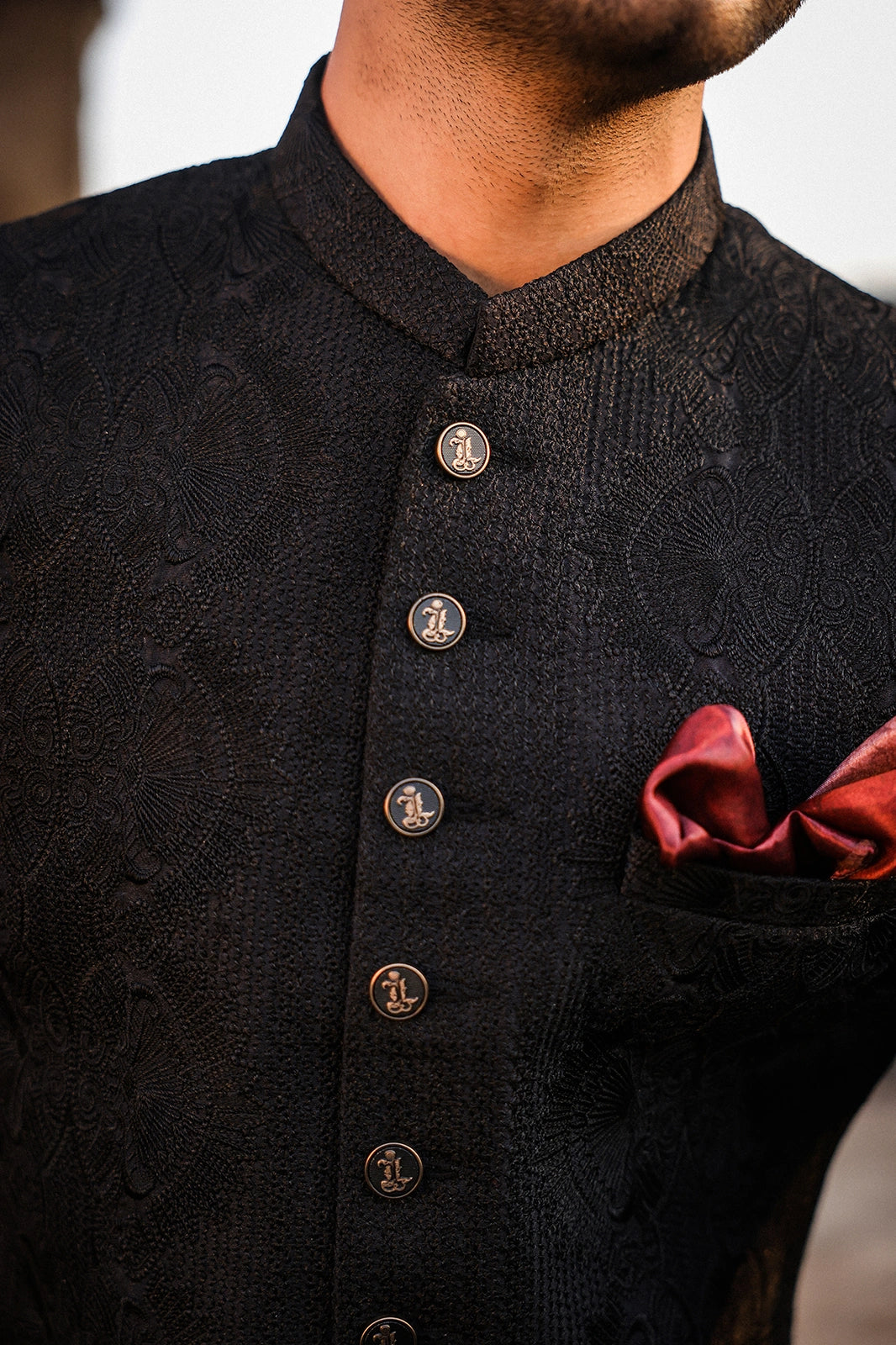 Black Self-Embroidered Sherwani for Men