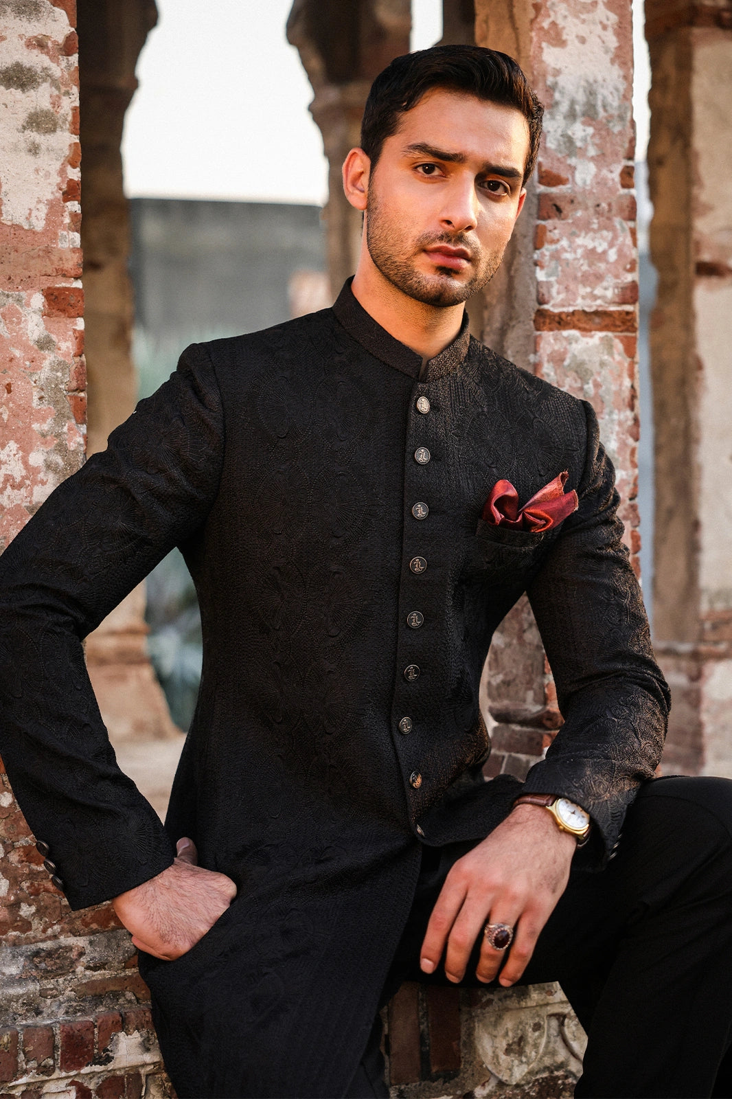 Black Self-Embroidered Sherwani for Men