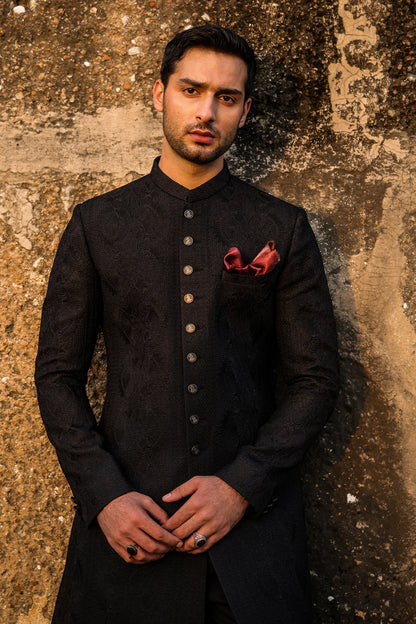 Black Self-Embroidered Sherwani for Men