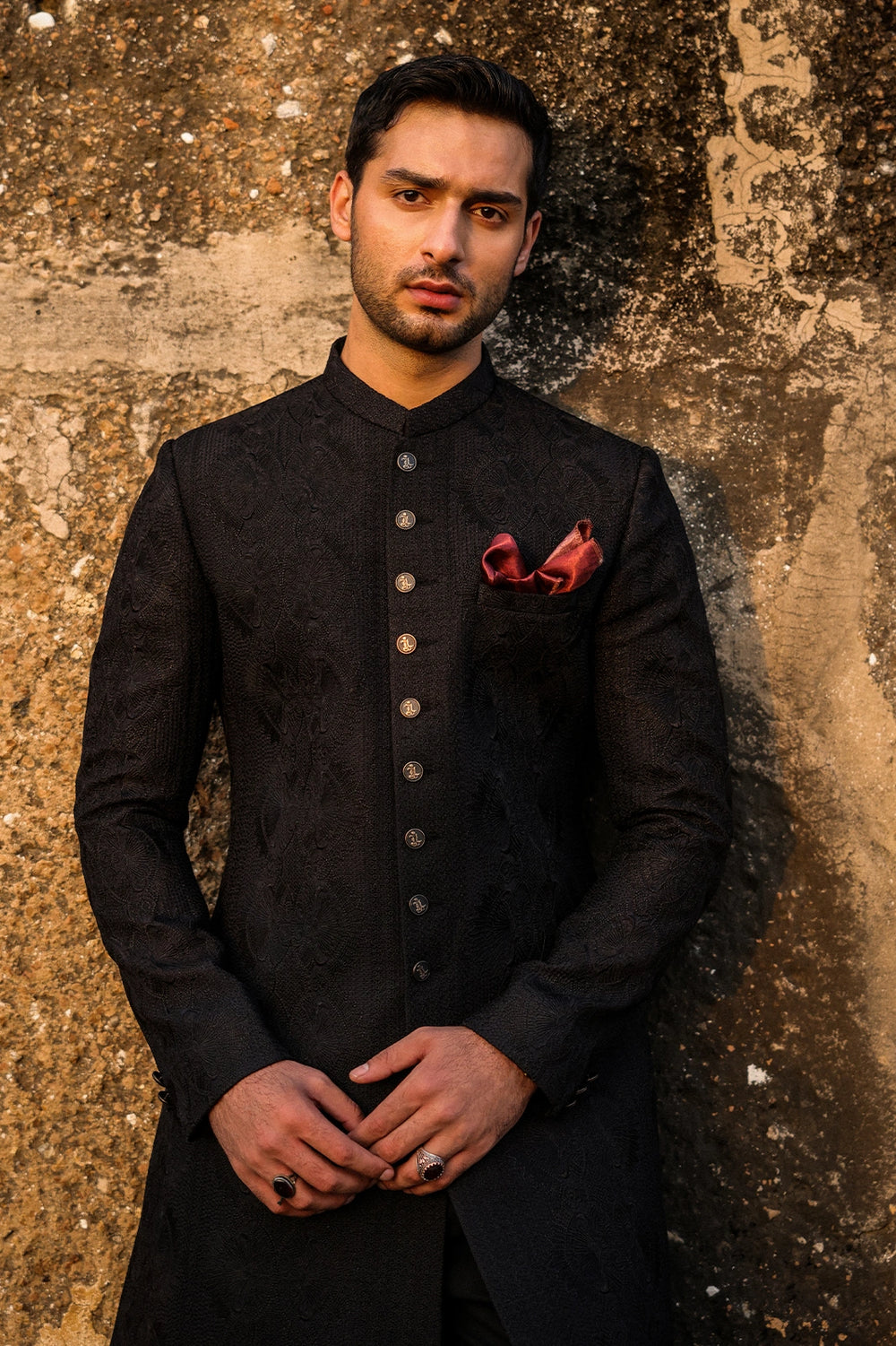 Black Self-Embroidered Sherwani for Men