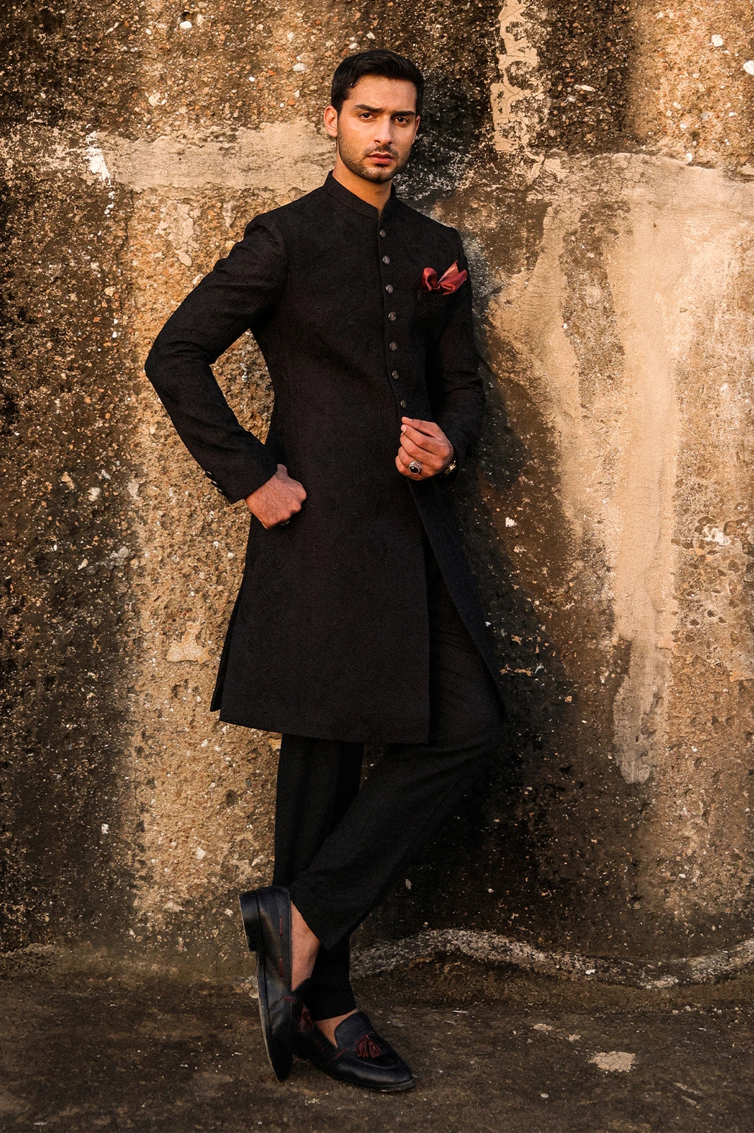 Black Self-Embroidered Sherwani for Men
