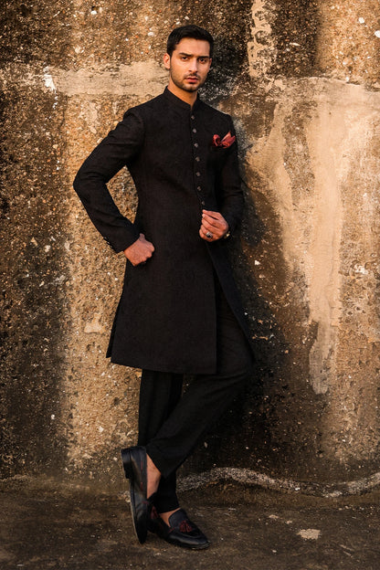 Black Self-Embroidered Sherwani for Men