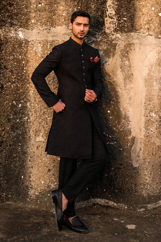 Black Self-Embroidered Sherwani for Men