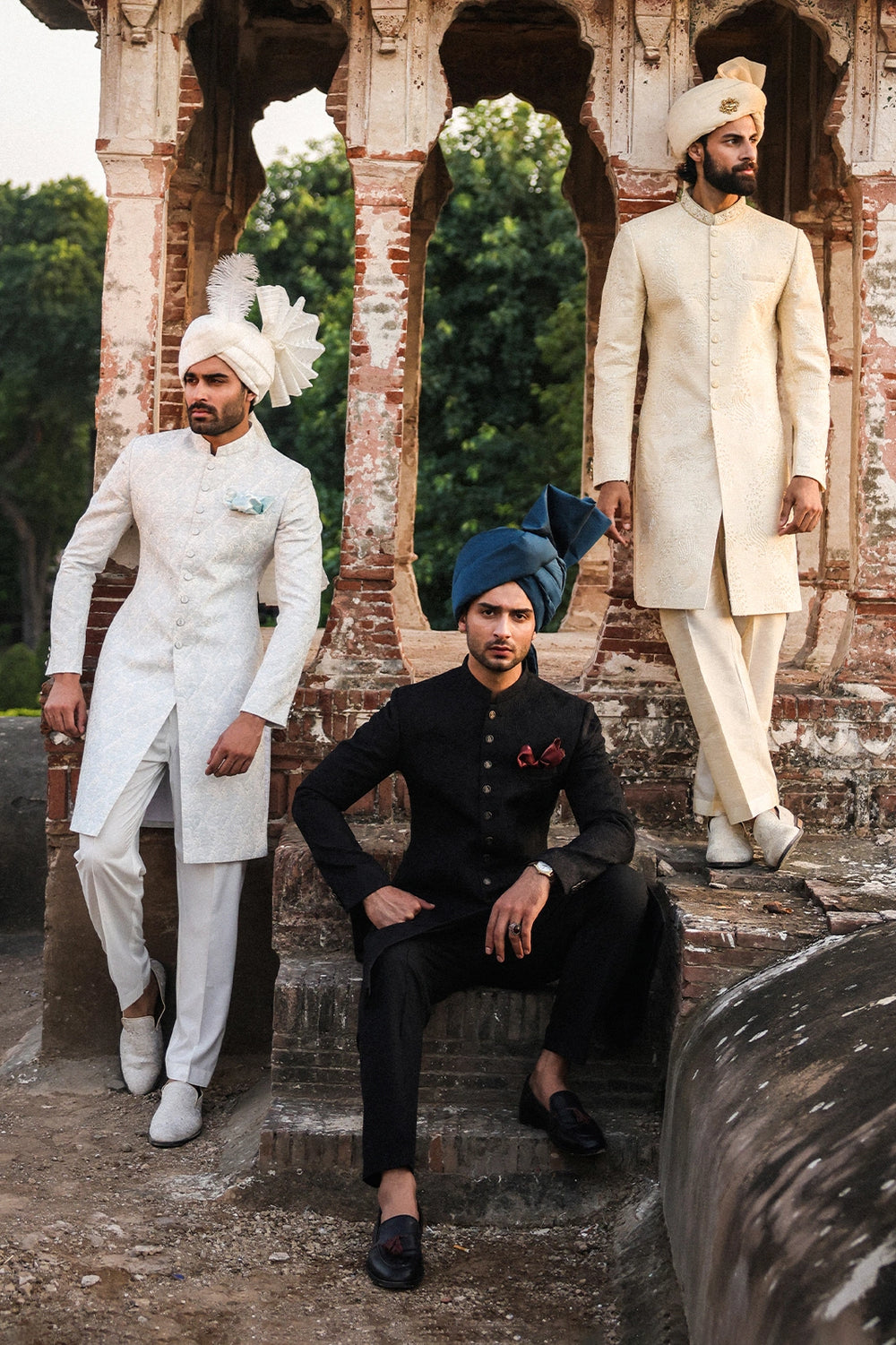 Ice Blue & Off-White Embroidered Sherwani for Men