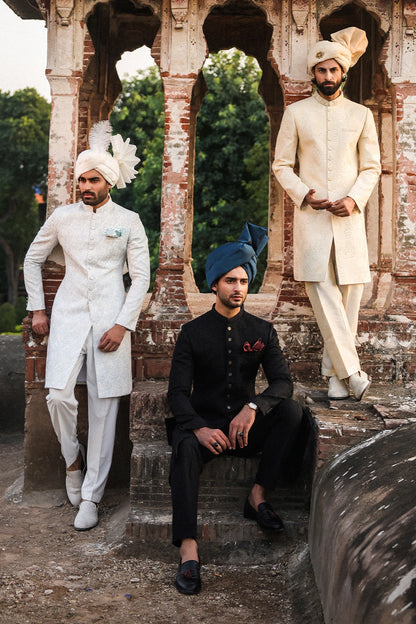 Black Self-Embroidered Sherwani for Men